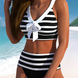 Pilar - Bikini de Rayas Blanco y Negro con Tiro Alto