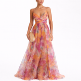 Vega - Vestido Largo de Gasa con Estampado Acuarela Coral