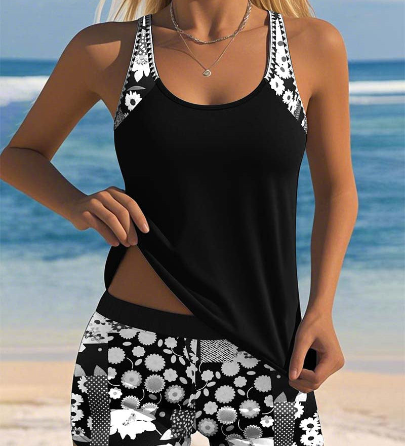 Carla - Tankini de Dos Piezas con Top sin Mangas y Short, Estampado Alegre