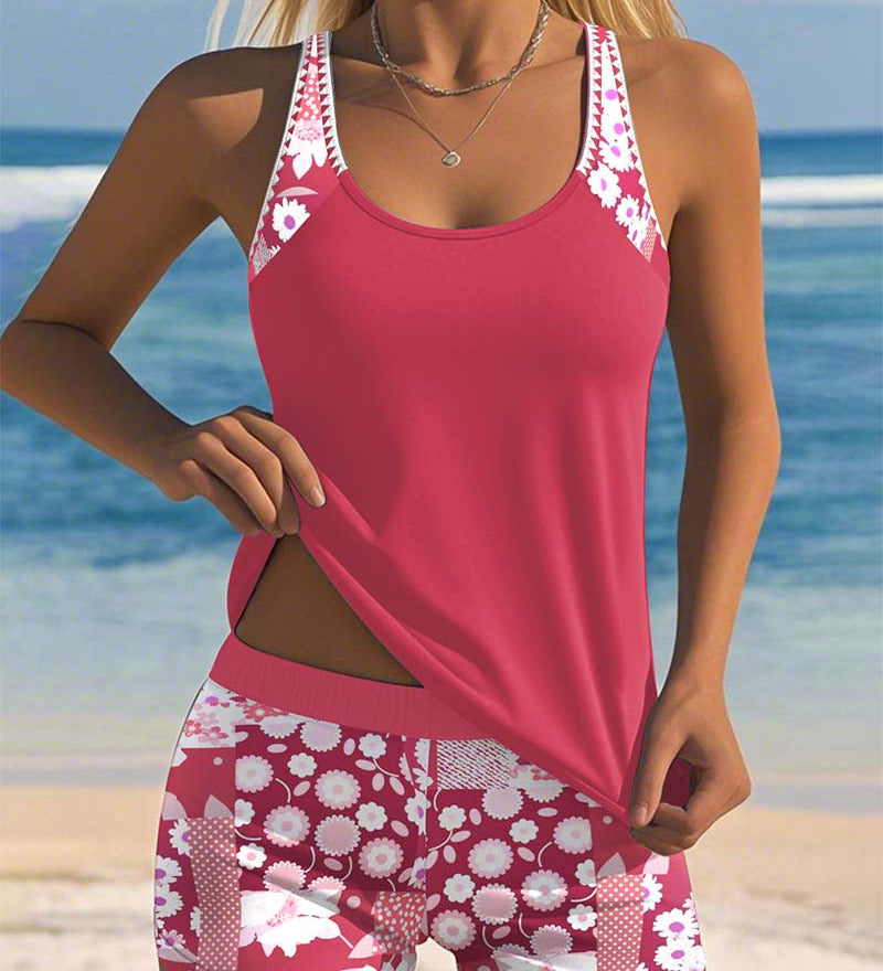 Carla - Tankini de Dos Piezas con Top sin Mangas y Short, Estampado Alegre