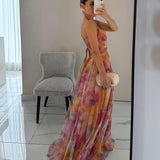 Marta - Vestido Largo de Tul con Estampado Floral Verde y Aberturas en la Cintura