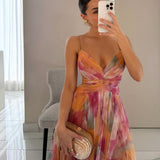 Jimena - Vestido Largo de Tul Floral en Fucsia y Lila con Escote en V