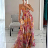 Jimena - Vestido Largo de Tul Floral en Fucsia y Lila con Escote en V