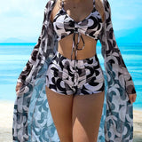 Macarena - Bikini de Tres Piezas con Estampado Moderno y Cover-Up a Juego