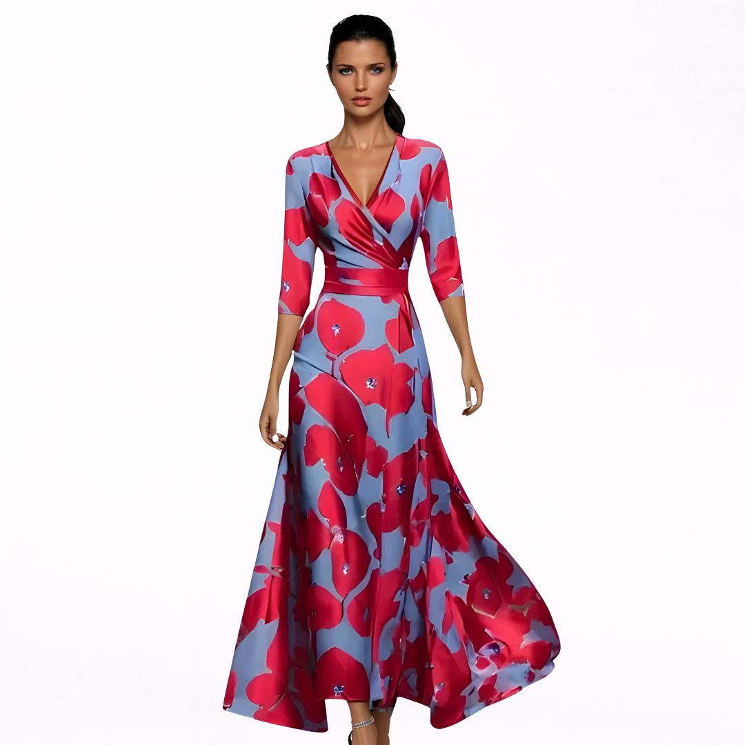 Raquel - Vestido Largo con Estampado Multicolor de Ondas y Escote en V