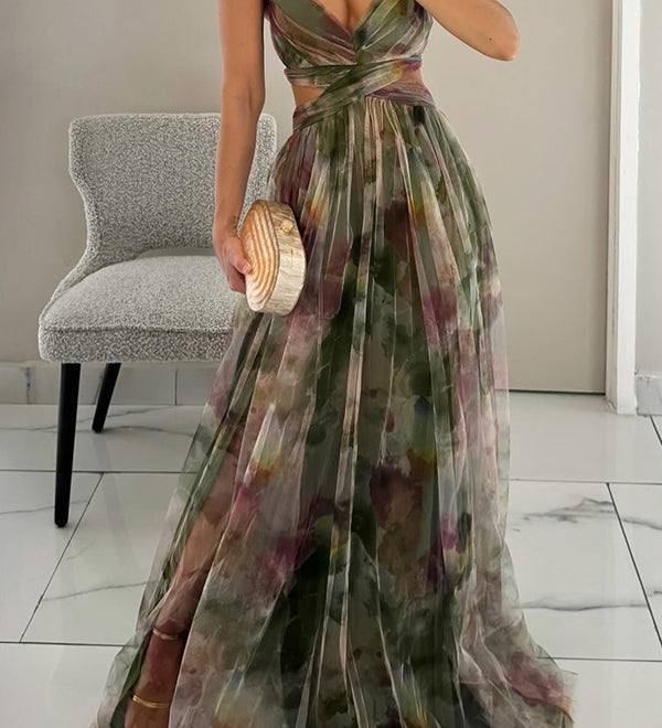 Jimena - Vestido Largo de Tul Floral en Fucsia y Lila con Escote en V