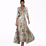 Triana - Vestido Largo Cruzado Azul con Estampado Floral Rojo y Manga Francesa