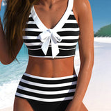 Pilar - Bikini de Rayas Blanco y Negro con Tiro Alto