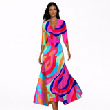 Triana - Vestido Largo Cruzado Azul con Estampado Floral Rojo y Manga Francesa