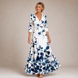 Ainhoa - Vestido Largo Blanco con Estampado Floral Azul y Escote Cruzado