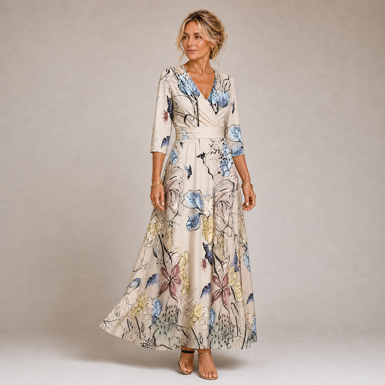 Candela - Vestido Largo Crema con Estampado Floral y Escote Cruzado