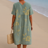 Clementina - Vestido Azul-Gris con Bordado Floral