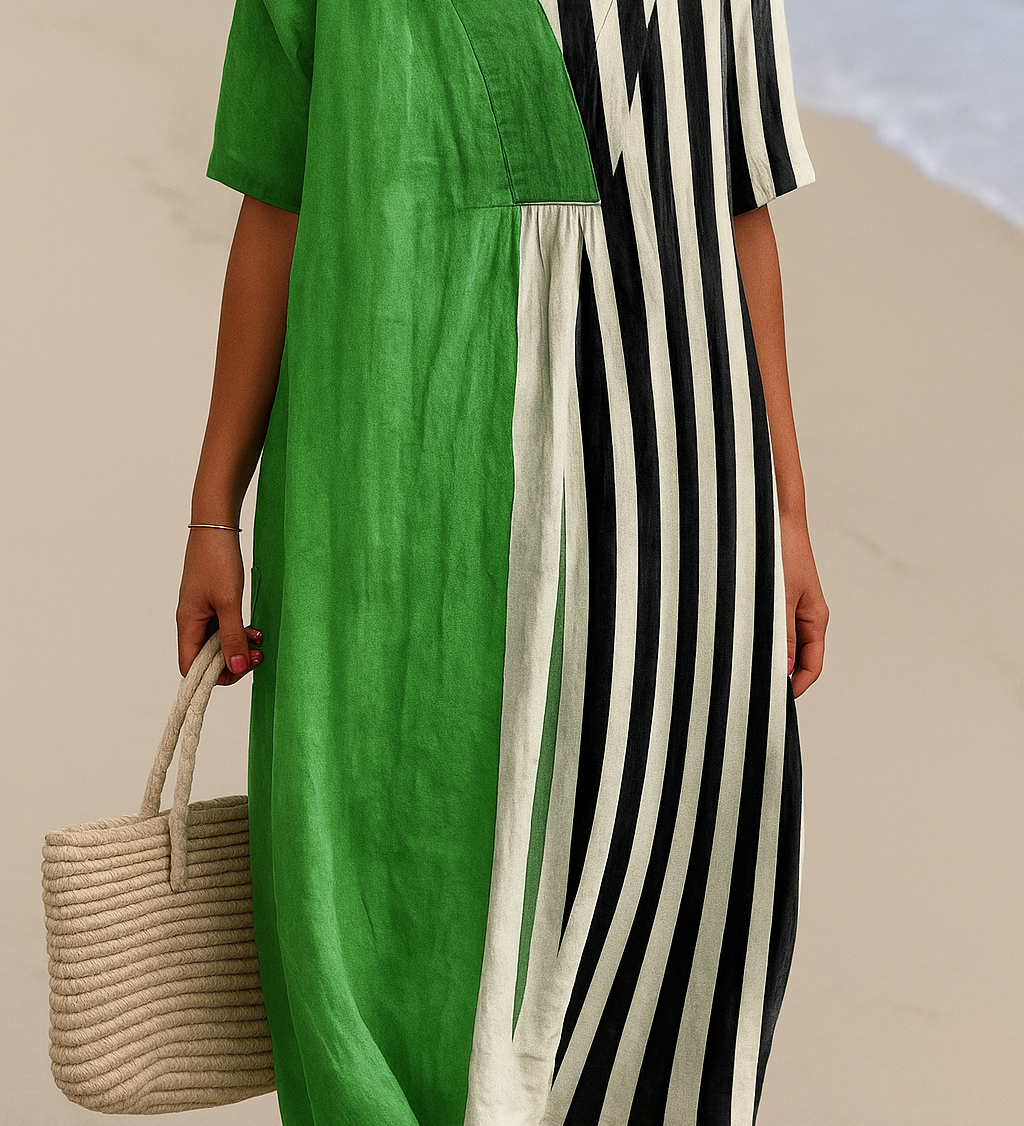 Noemí - Vestido Verde Vibrante con Rayas Negras