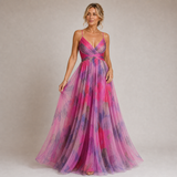 Claudia - Vestido Largo de Tul con Estampado Floral en Tonos Lila