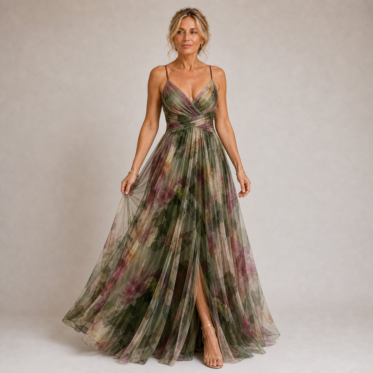 Claudia - Vestido Largo de Tul con Estampado Floral en Tonos Lila