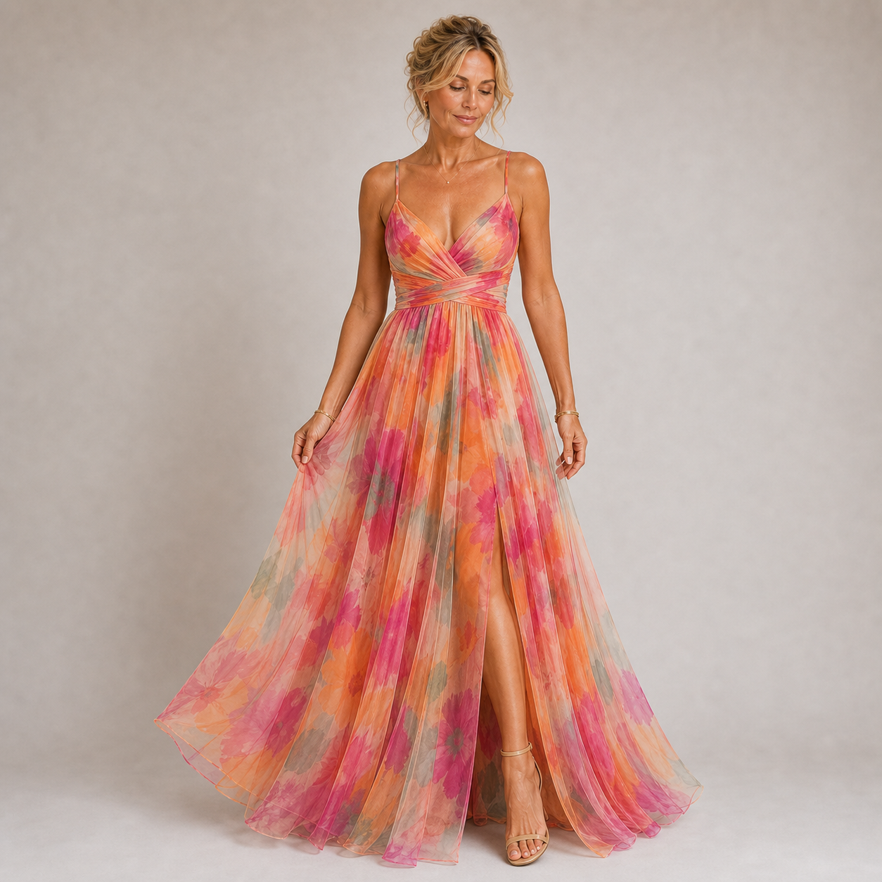 Claudia - Vestido Largo de Tul con Estampado Floral en Tonos Lila