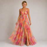 Claudia - Vestido Largo de Tul con Estampado Floral en Tonos Lila
