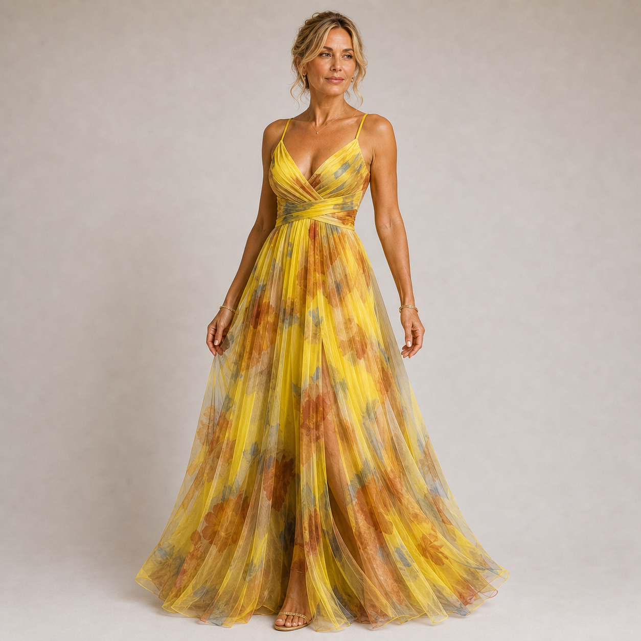 Claudia - Vestido Largo de Tul con Estampado Floral en Tonos Lila