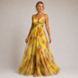 Claudia - Vestido Largo de Tul con Estampado Floral en Tonos Lila