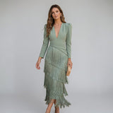 Irene - Vestido Midi Rosa Palo con Flecos y Plumas
