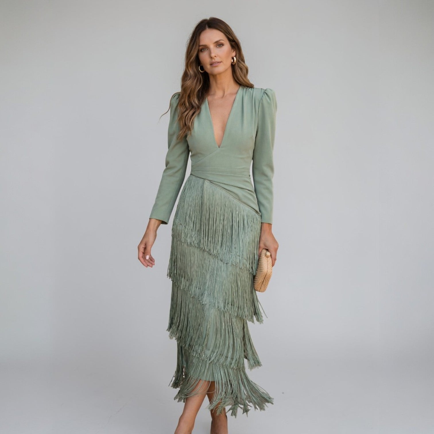 Irene - Vestido Midi Rosa Palo con Flecos y Plumas