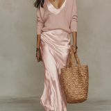 Cristina - Vestido Largo de Satén en Rosa Empolvado con Jersey de Punto