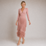 Irene - Vestido Midi Rosa Palo con Flecos y Plumas
