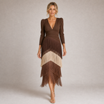 Irene - Vestido Midi Rosa Palo con Flecos y Plumas