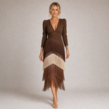 Irene - Vestido Midi Rosa Palo con Flecos y Plumas
