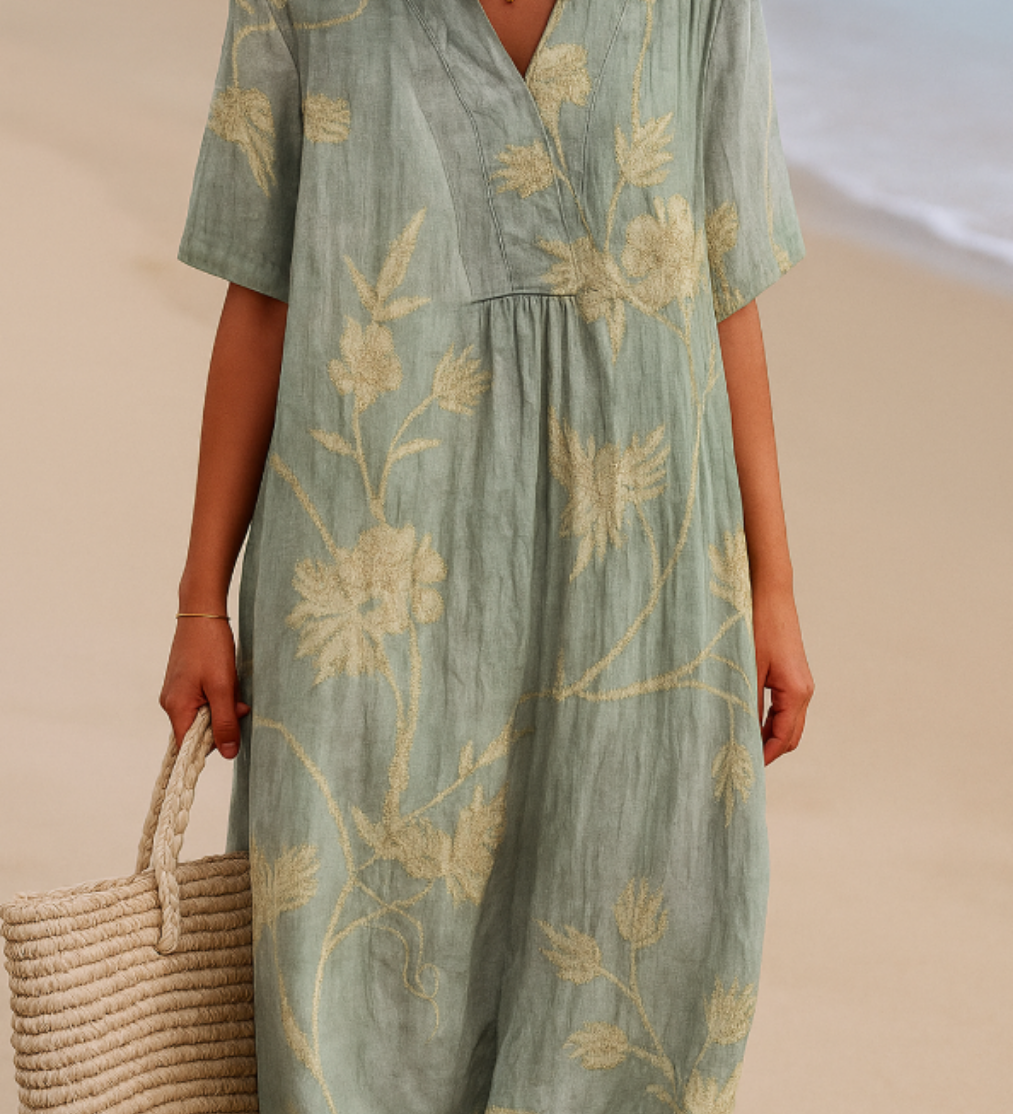 Clementina - Vestido Azul-Gris con Bordado Floral