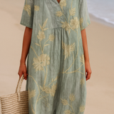 Clementina - Vestido Azul-Gris con Bordado Floral
