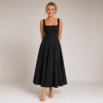Lía - Vestido Midi Negro con Escote Cuadrado y Falda Evasé