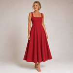 Lía - Vestido Midi Negro con Escote Cuadrado y Falda Evasé