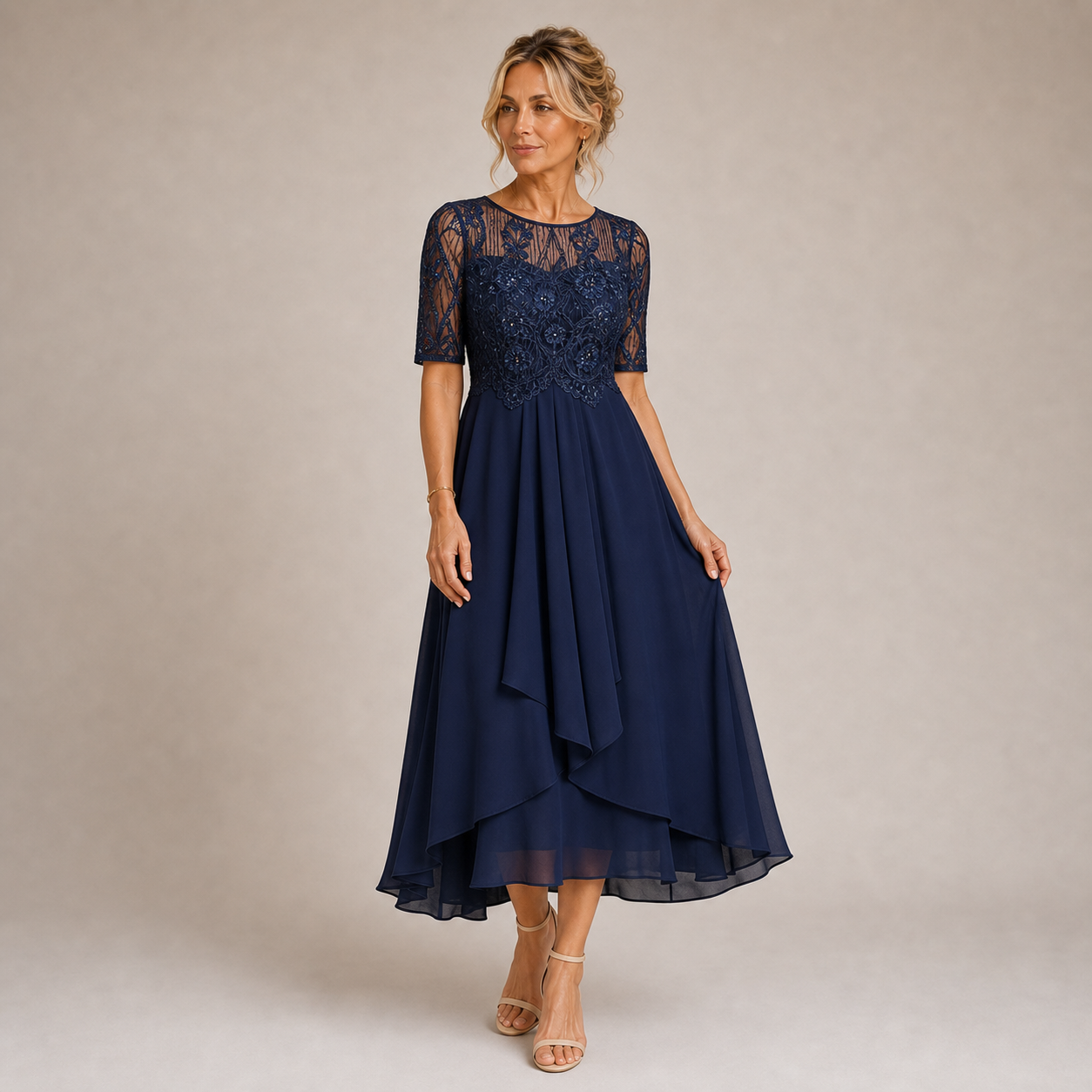 Mariana - Vestido de Encaje con Mangas Cortas y Elegancia Moderna