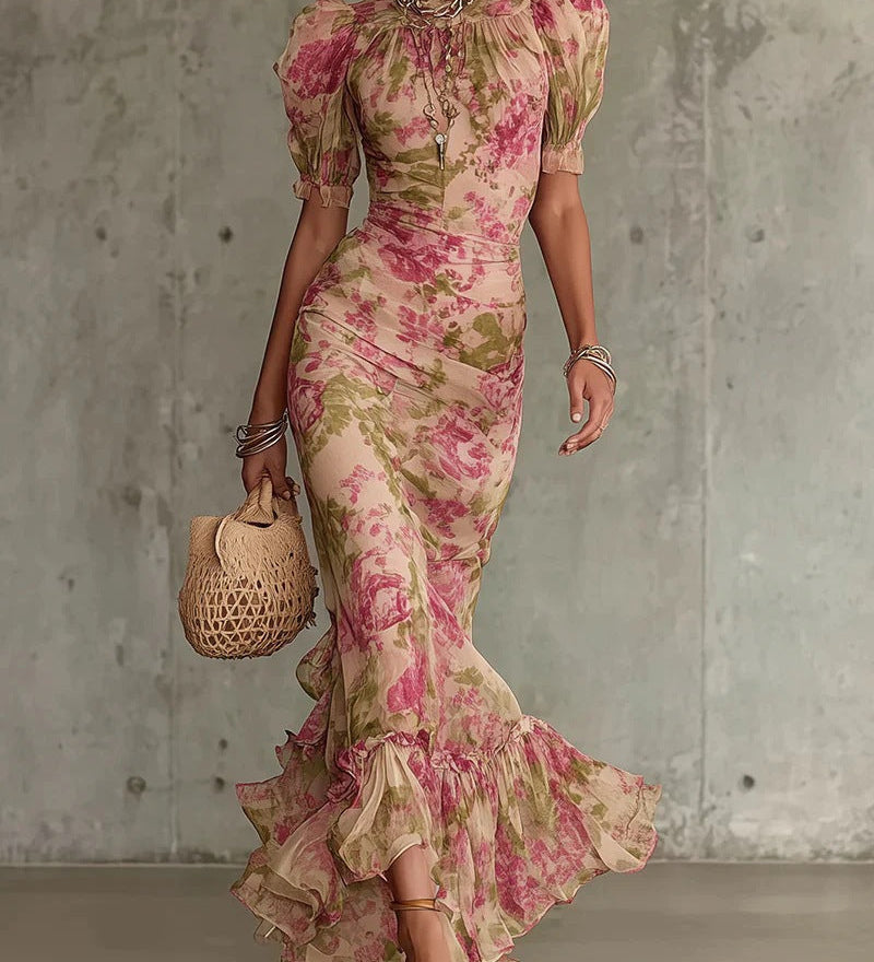 Lara - Vestido largo ajustado con estampado floral