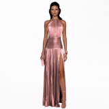 Silvia - Vestido Largo Metalizado Rosa con Cuello Halter y Abertura