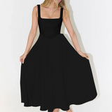 Lía - Vestido Midi Negro con Escote Cuadrado y Falda Evasé