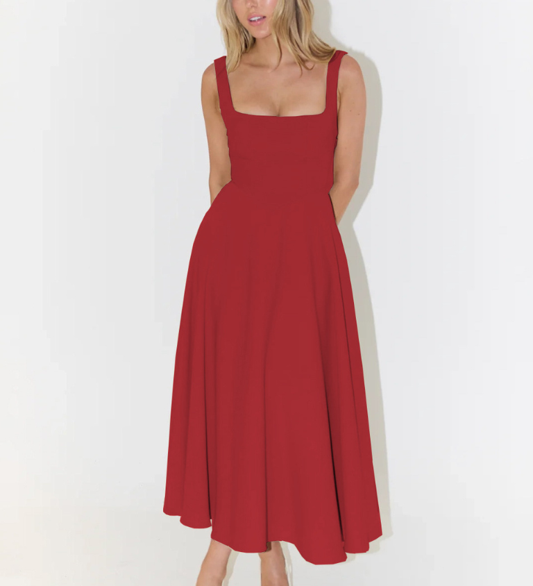 Lía - Vestido Midi Negro con Escote Cuadrado y Falda Evasé