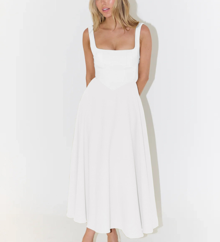 Lía - Vestido Midi Negro con Escote Cuadrado y Falda Evasé
