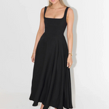 Lía - Vestido Midi Negro con Escote Cuadrado y Falda Evasé