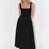 Lía - Vestido Midi Negro con Escote Cuadrado y Falda Evasé