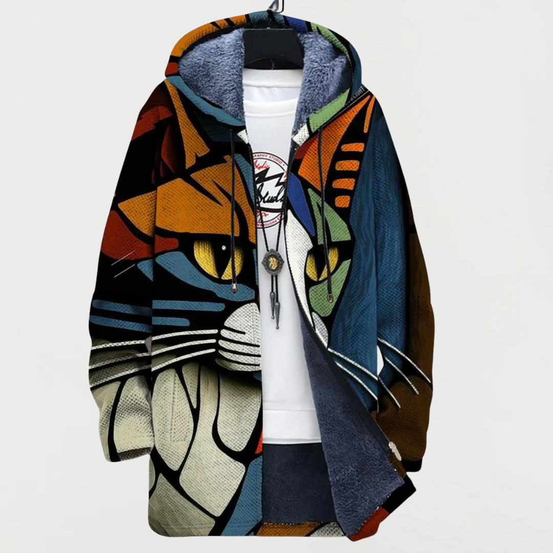Abrigo con estampado de rostro de gato
