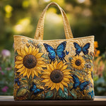 Bolso tote acolchado amarillo con girasoles y mariposas azules