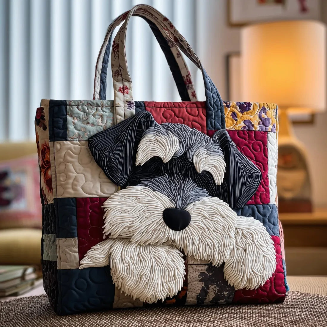 Bolso tote acolchado patchwork con cara de schnauzer gris en relieve