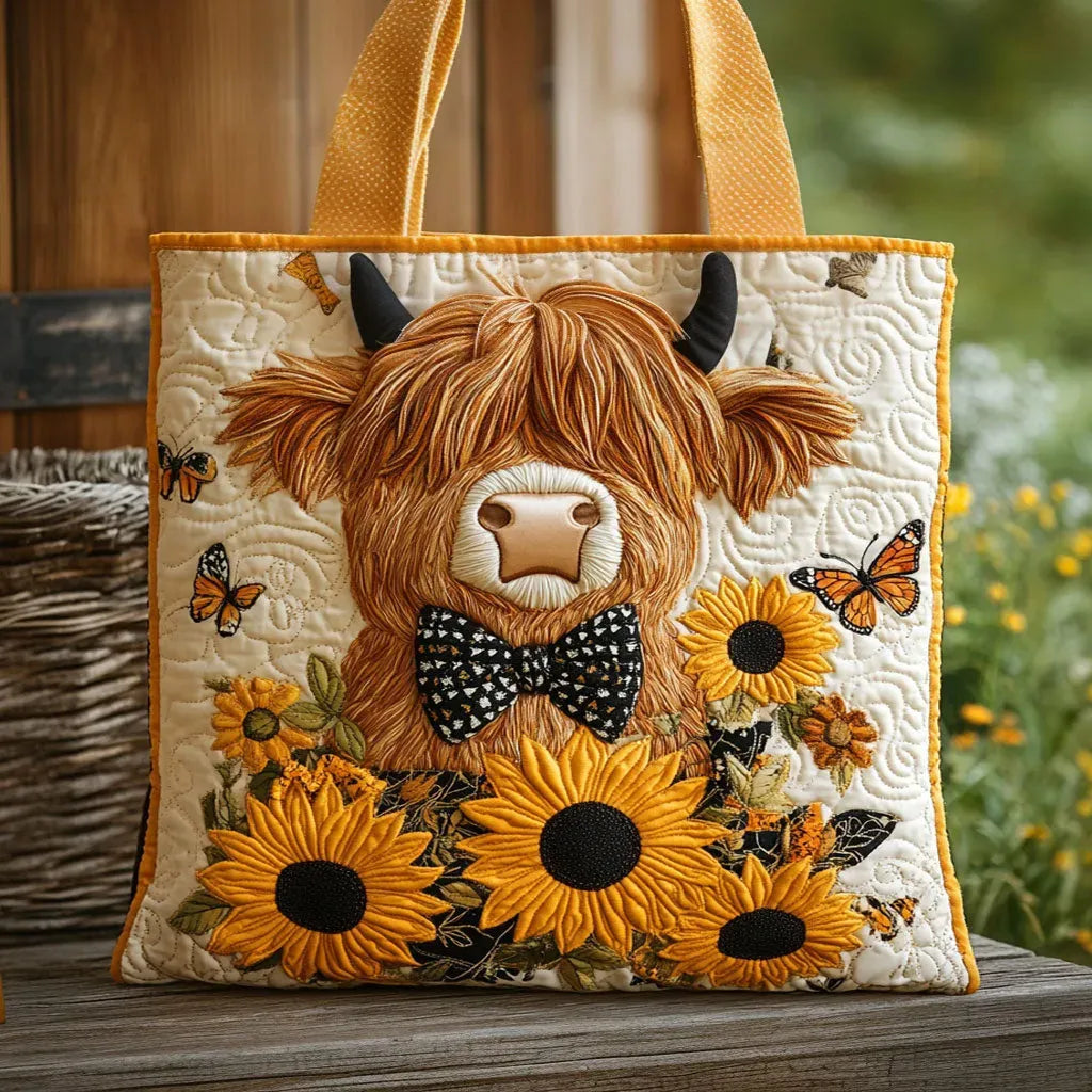 Bolso tote acolchado crema con vaca highland con pajarita, girasoles y mariposas