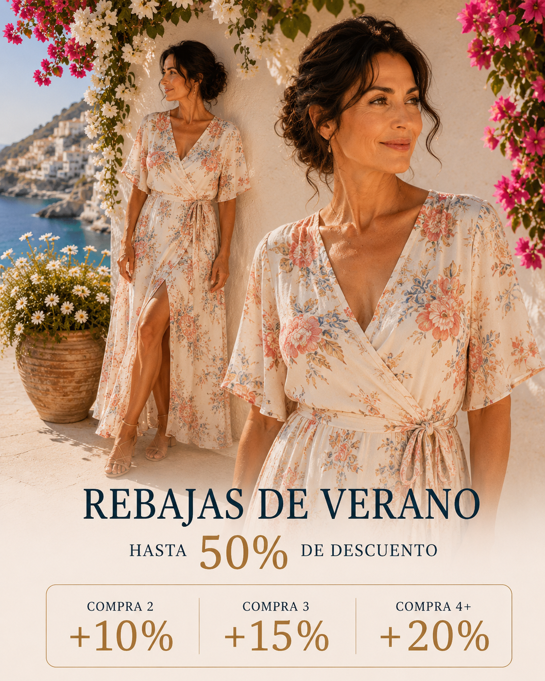 Dos mujeres con vestidos largos de gasa con flores en tonos crema y coral en un patio encalado con buganvilla. Banner de rebajas de verano con descuentos por cantidad.