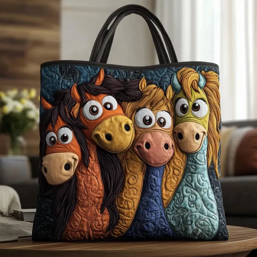 Bolso tote acolchado con caballos divertidos de colores y ojos saltones