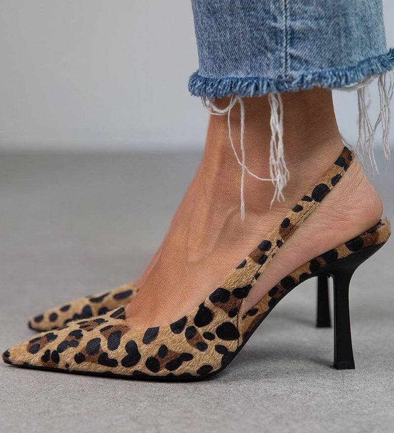 Liorina - Zapatos de tacón cáqui con estampado de leopardo y punta afilada