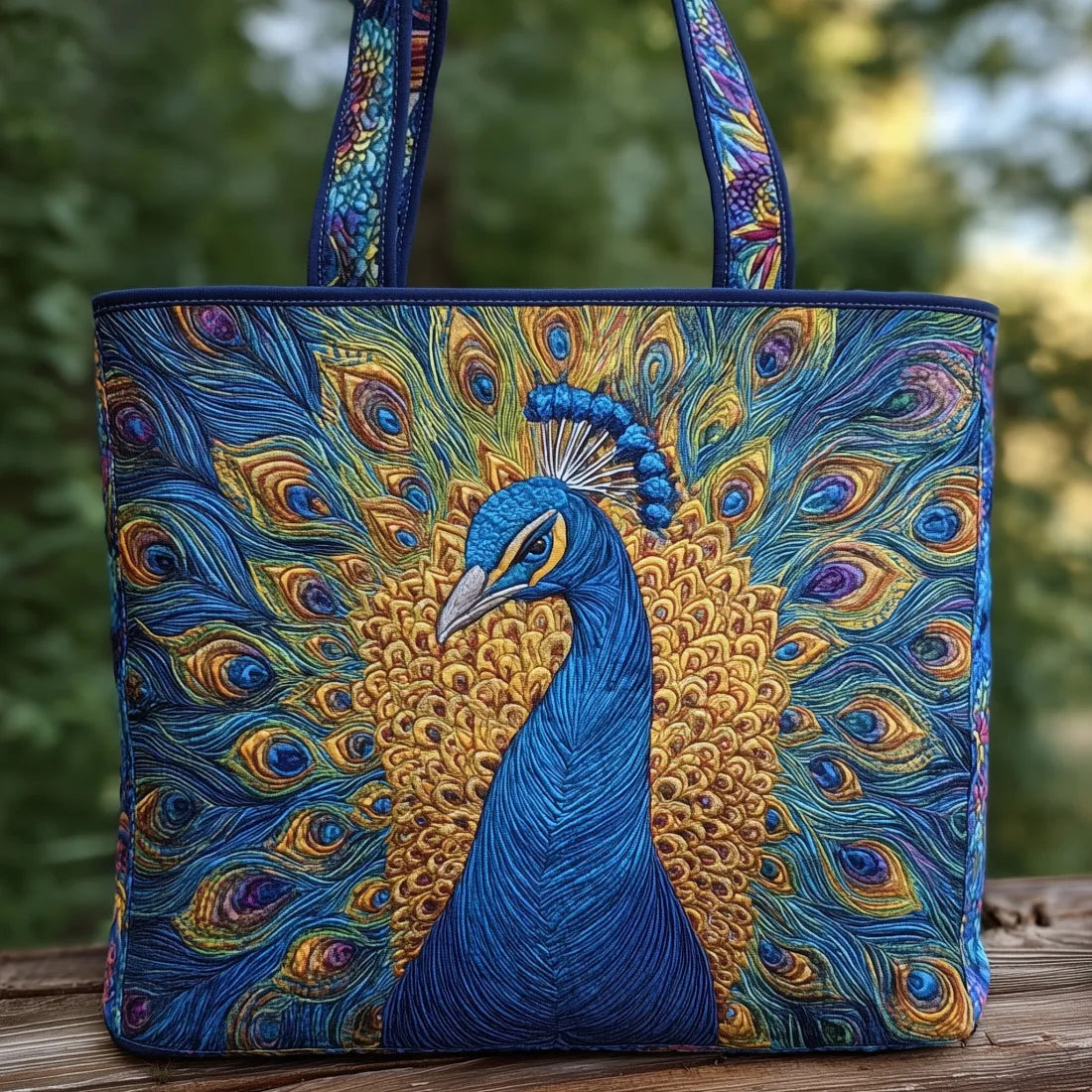 Bolso tote acolchado azul con pavo real y plumaje desplegado