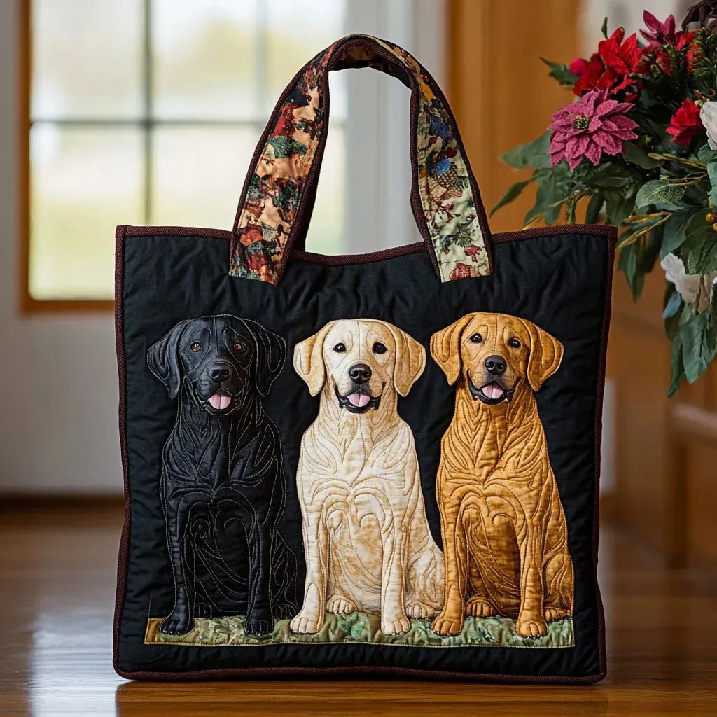 Bolso tote acolchado negro con tres labradores de distintos colores